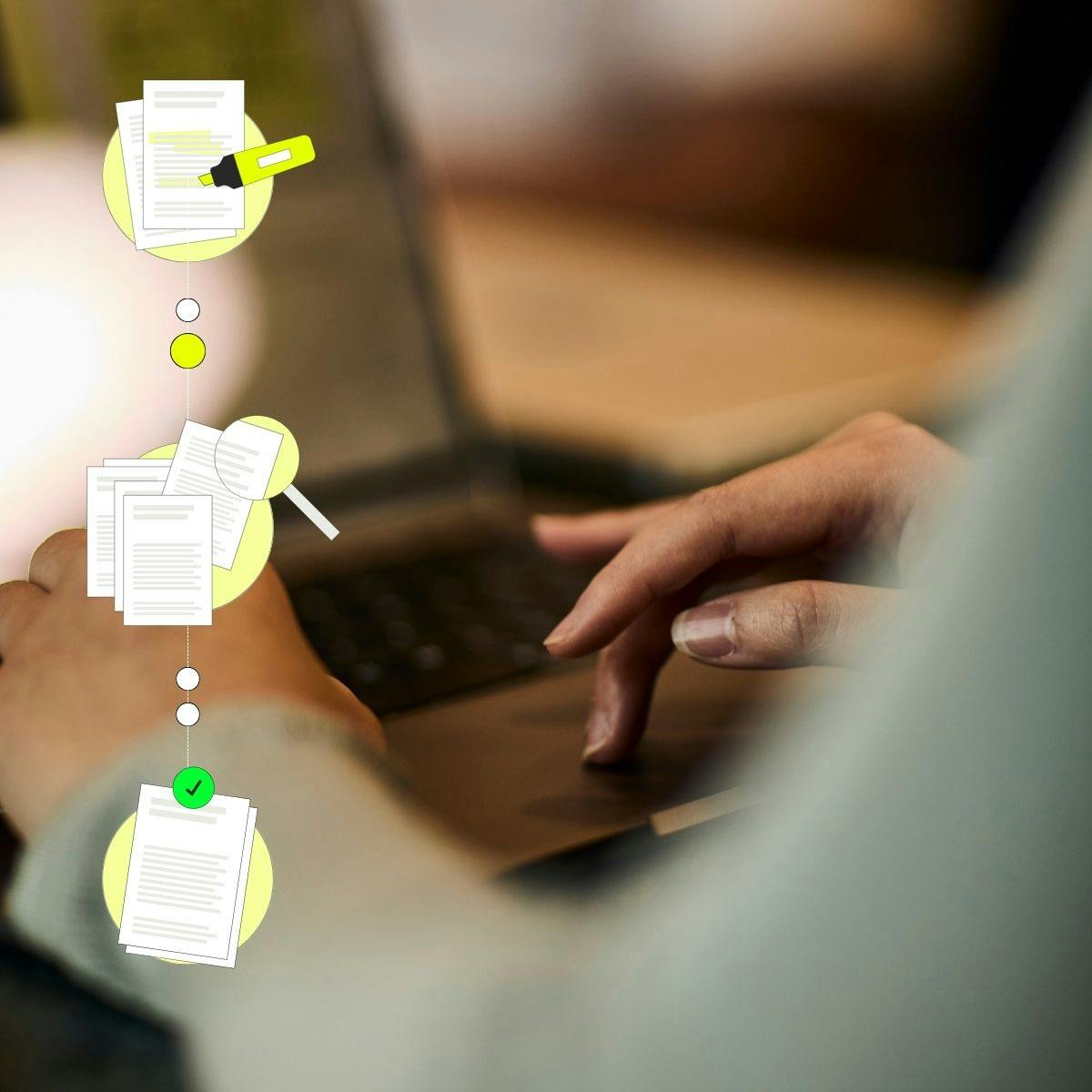 picture of persons hands using laptop with graphic overlay